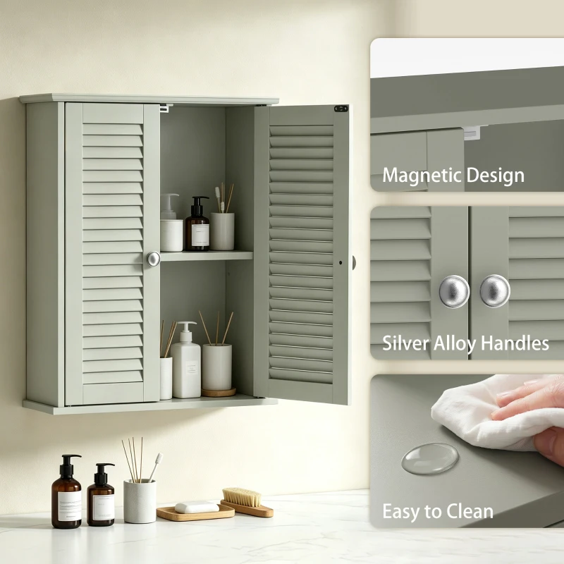 HOMCOM Bathroom Cabinet, Bathroom Wall Cabinet with Louvered Doors and Adjustable Shelf Storage for Kitchen, Light Green