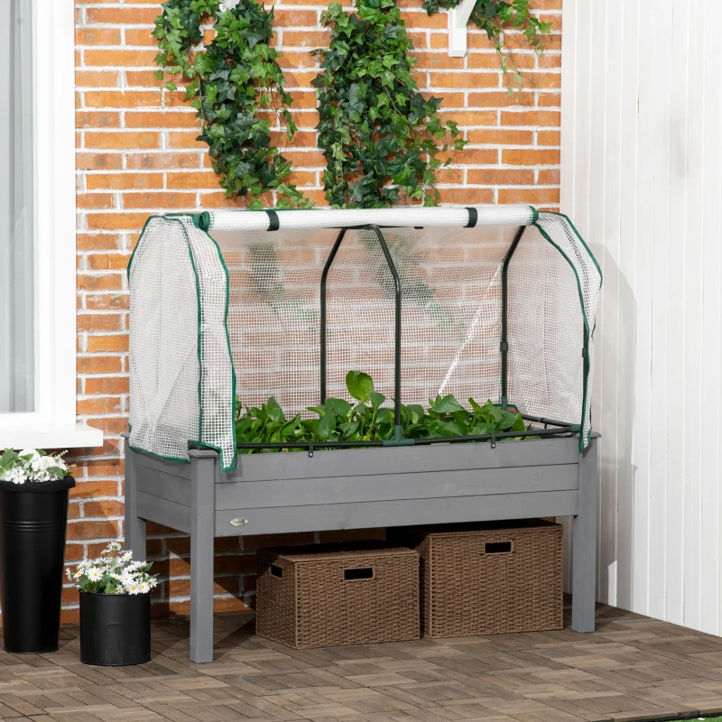 Outsunny Letto per Orto con Serra da Giardino, Portapiante da Esterno in Legno e PE, 121x55x117 cm, Grigio Scuro