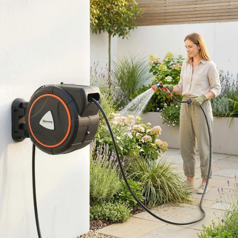 Outsunny Carrete de Manguera Retráctil 28+2 m con 12 Modos de Rociado Bloqueo Automático Retracción Controlada Soporte Naranja