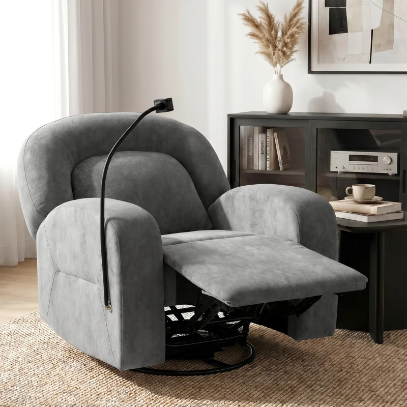 HOMCOM Sillón Relax Reclinable 3 en 1 con Función Mecedora Giratorio 360° Soporte para Teléfono Asiento Amplio Gris
