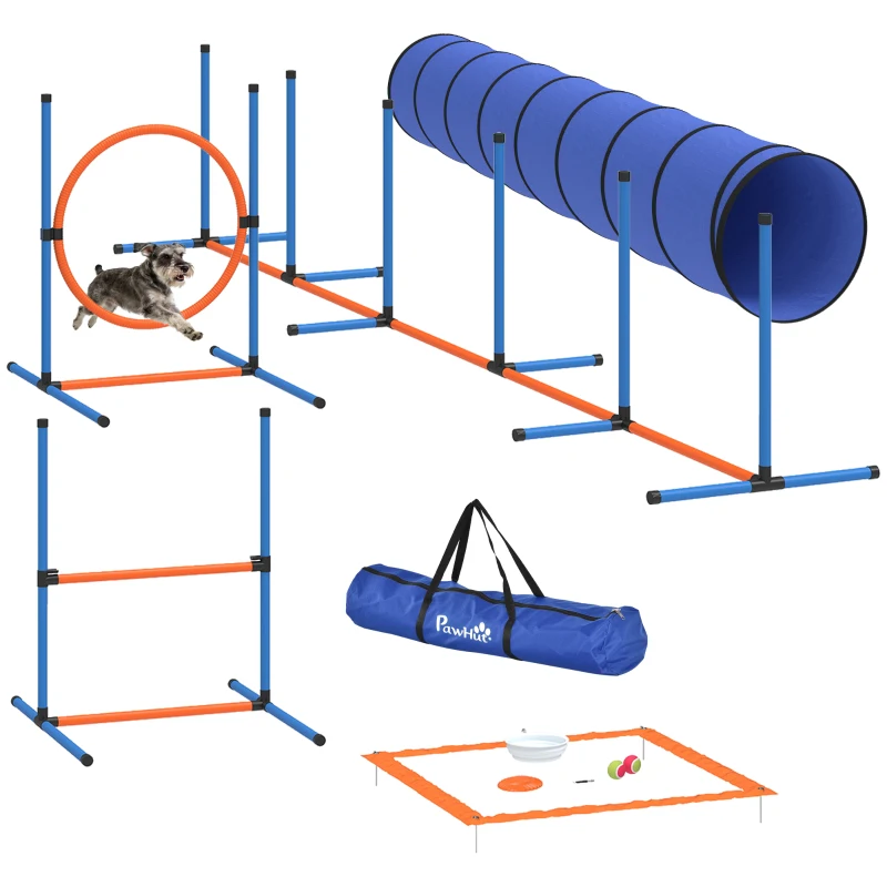 PawHut Ensemble d'Agilité pour Chien 8 Pièces avec Tunnel, Slaloms, Sauts Ajustables, Sac de Transport, 350x68x70cm, Orange