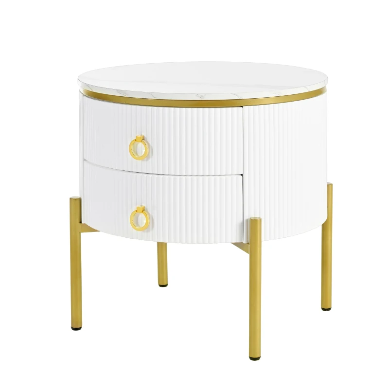 Modern Side Table with Marble-Effect Top and 2 Drawers, Durable Coffee Table with Adjustable Legs, 50L x 50W x 51H cm, White