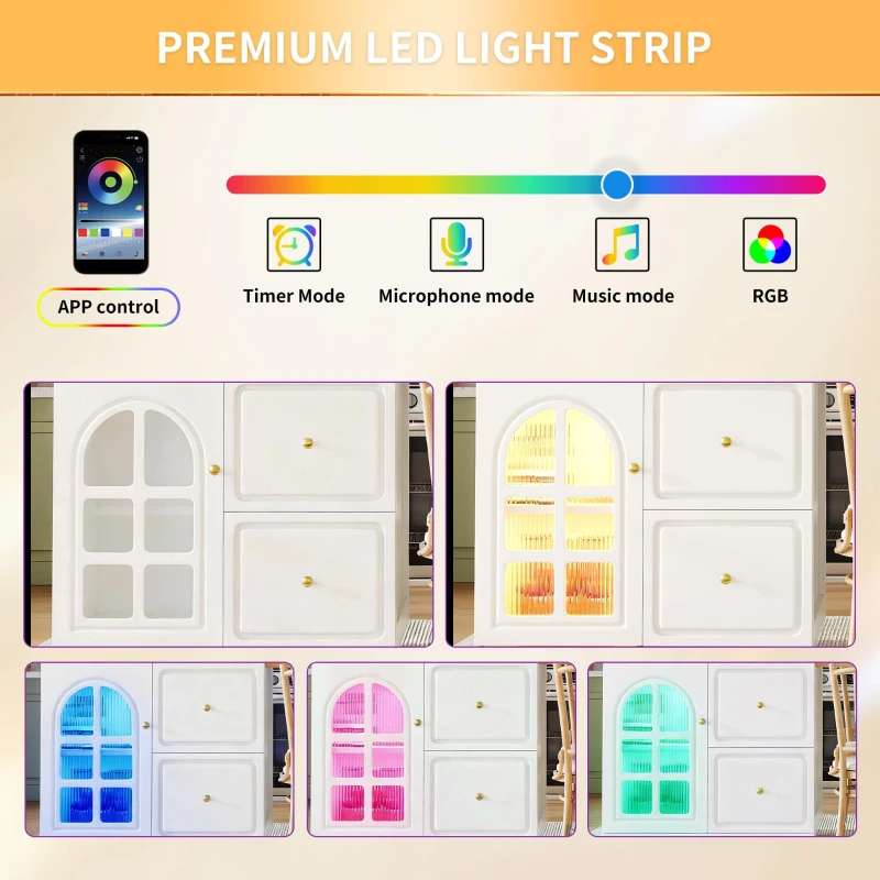Extendable Kitchen Island with LED Colour Lighting, Space-Saving Dining Bar with 4 Drawers and Open Shelf, 195.5L x 70W x 93.5H cm, White