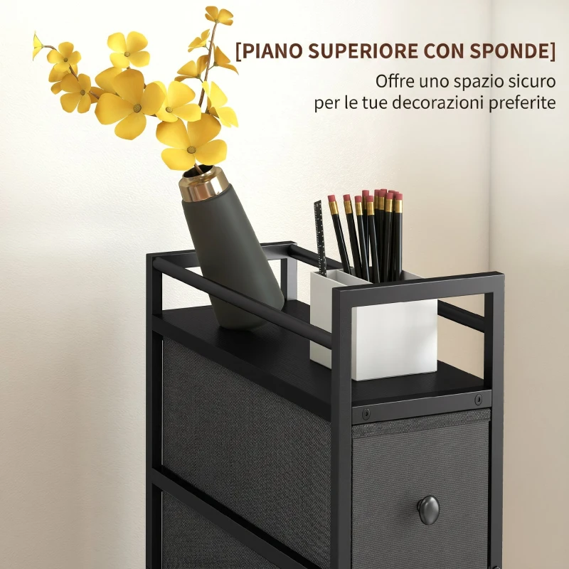 HOMCOM Cassettiera in Tessuto Slim Salvaspazio con 4 Cassetti, Telaio in Acciaio per Camera da Letto, Soggiorno, Nero