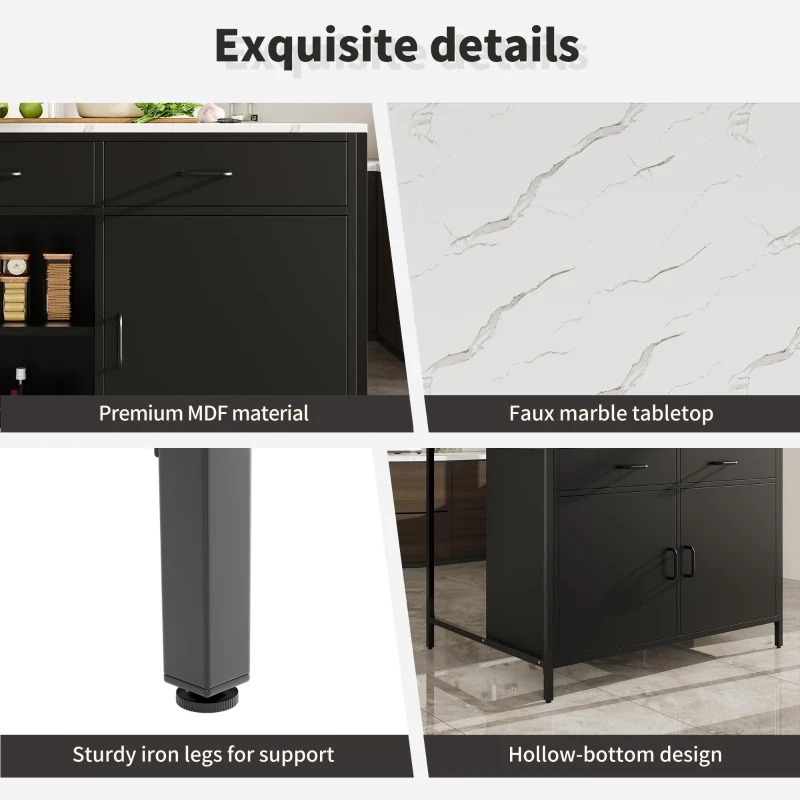Standing Bar Table with Marble-Effect MDF Top and Solid Iron Legs, Marble Kitchen Island Table with Adjustable Shelves, 100L x 90W x 90H cm, Black