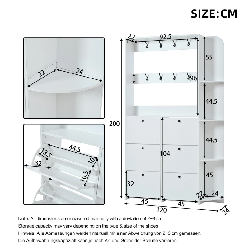 Coat Rack and Shoe Storage Cabinet with Shoe Cubbies, Space-Saving Hallway Storage Unit with Hinged Doors, 120L x 24W x 200H cm, White