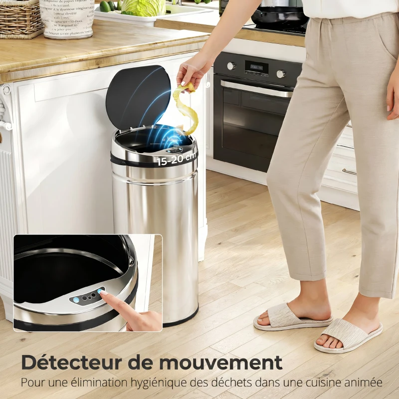 HOMCOM Poubelle à capteur de mouvement ouverture automatique 1 bac de 42 L en acier inoxydable noir et argent