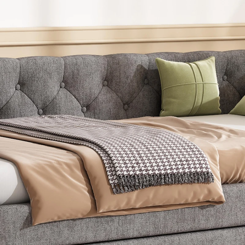 Upholstered Single Daybed Sofa Bed with Sturdy Slatted Base, Convertible Bed-to-Sofa with Padded Velvet Headboard, 221L x 98.5W x 71.5H cm, Grey