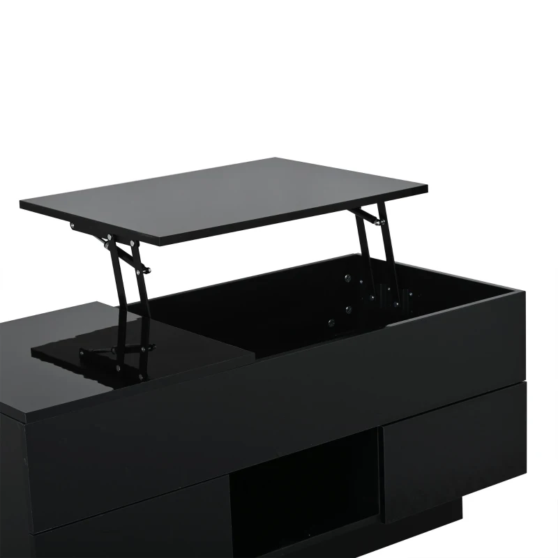 Lift-Top Coffee Table with App-Controlled RGB LED Lights, High-Gloss Center Table with Hidden Compartment, 100L x 45W x 43H cm, Black