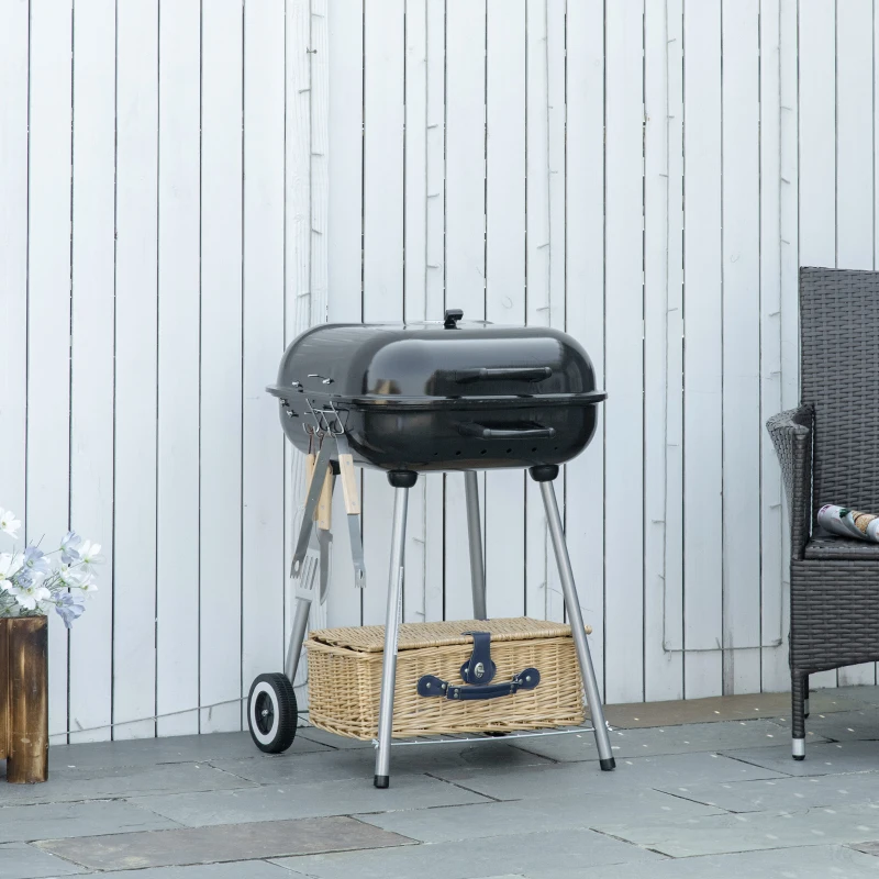 Outsunny Barbecue à charbon BBQ avec 2 roues, ustensiles, couvercle et étagère dim. 56L x 62l x 82H cm - métal émaillé noir
