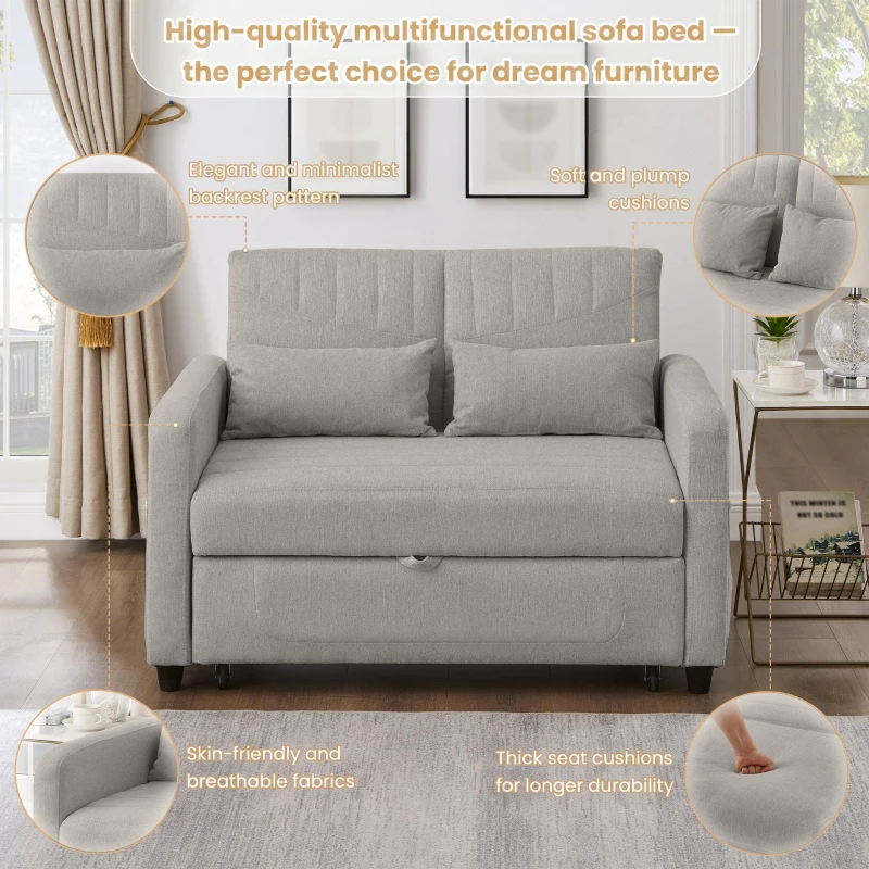 Two-Seater Pull-Out Sofa Bed with Three-Level Adjustable Backrest, Stylish Futon Couches with High-Density Foam, 112L x 169W x 59H cm, Light Gray