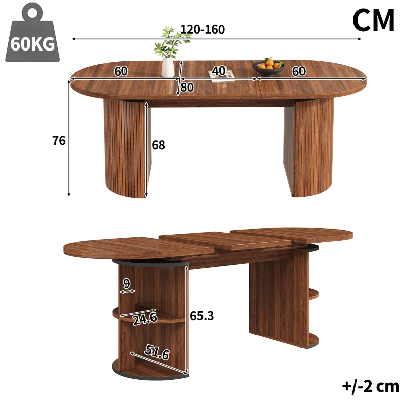 Extendable Dining Table with Vertically Grooved Legs, Space-Saving Dinner Table with Storage Compartment, 160L x 80W x 76H cm, Walnut