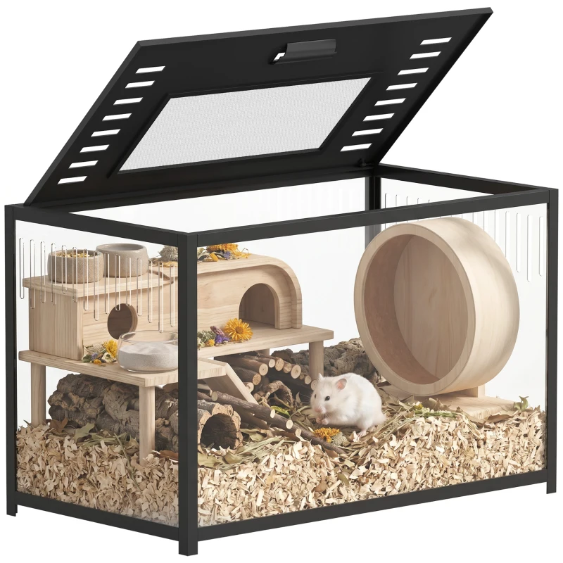 PawHut Cușcă pentru hamster din acrilic și metal cu bază adâncă, capac rabatabil, ventilații laterale, 80x45x50,5cm, negru