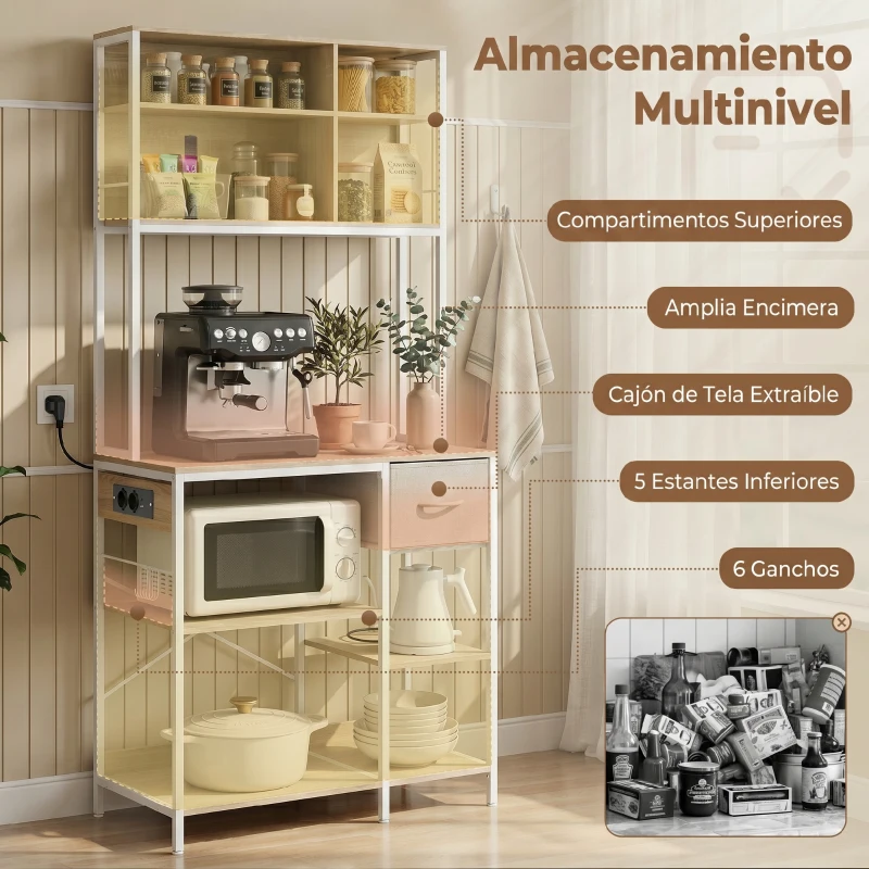 HOMCOM Estante de Cozinha Suporte de Micro-ondas com Prateleiras e 6 Ganchos para Espaços Pequenos 80x40x181 cm Carvalho