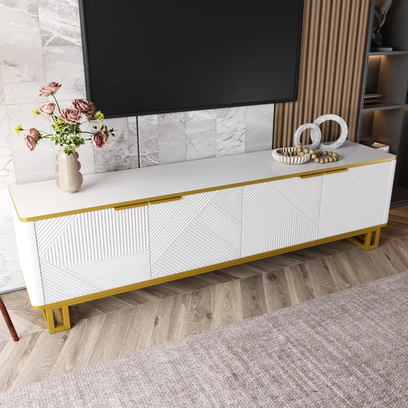Modern TV Cabinet with 4 Geometric Embossed Doors and Open Top Shelf, Spacious TV Stand with Hidden Storage, 160L x 37.5W x 48H cm, White