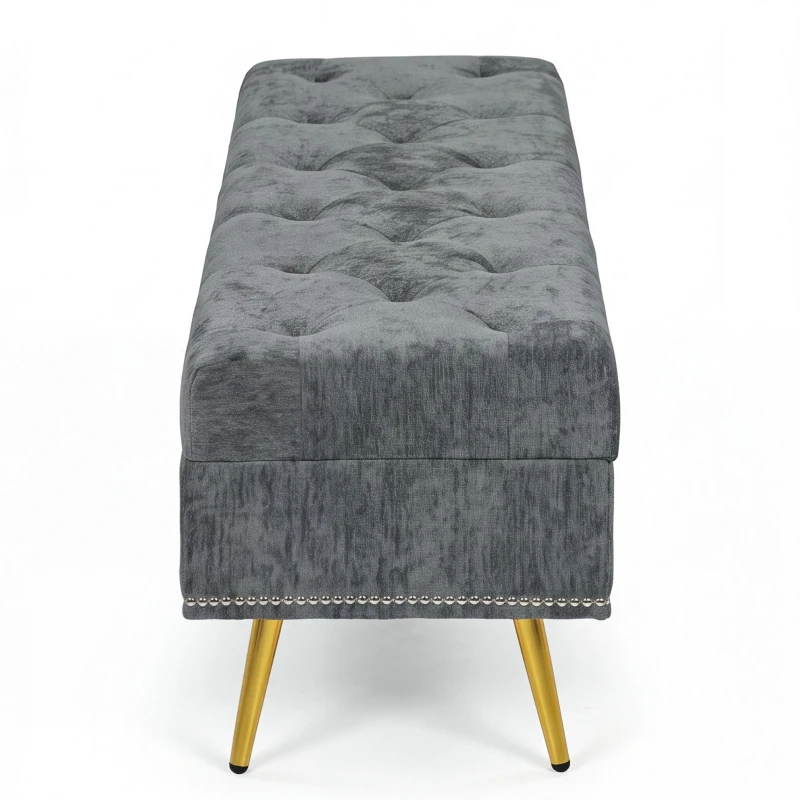 HOMCOM Storage Ottoman, Chenille Upholstered Ottoman Storage Box with Padded Seat, Metal Legs, 114 x 41 x 45 cm, Grey