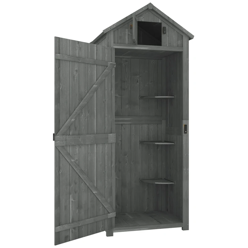 Outsunny Armoire de jardin extérieur abri de jardin en bois abri pour outils 3 étagères 2 Portes loquets Toit Pente bitumé rangement et stockage extérieurs 77 x 54 x 179 cm Sapin traité Gris