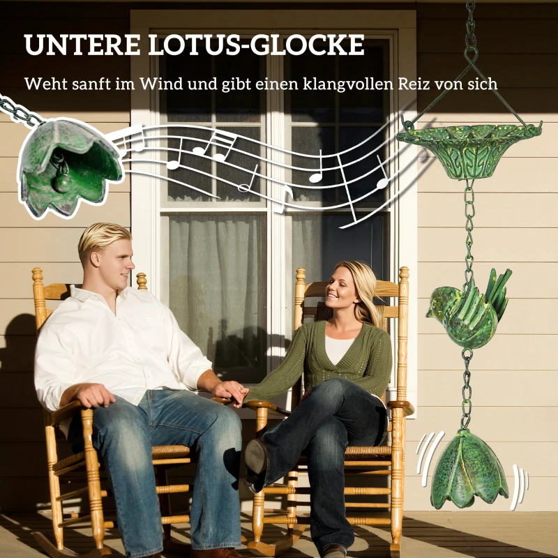 Outsunny 3-delige Metalen Regenketting 123cm met Kolibries, Bloemschalen en Lotusklok, Groen