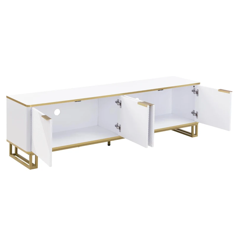 Modern TV Cabinet with 4 Geometric Embossed Doors and Open Top Shelf, Spacious TV Stand with Hidden Storage, 160L x 37.5W x 48H cm, White