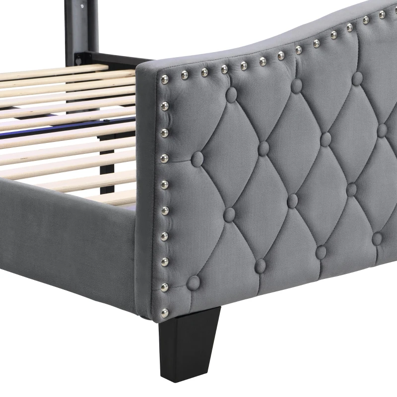 Upholstered 4ft6 Double Bed with Built-in Bedside Storage, Sturdy Storage Bed with Colourful LED Light Strip, 210L x 140.5W x 124H cm, Grey