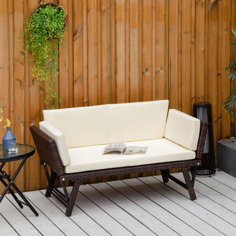 Outsunny Divano 2 Posti con Braccioli Estensibili da Giardino Rattan 129x63x67cm Bianco, Marrone