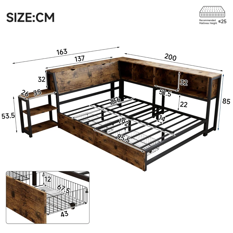 Classic Double Bed with Two Underbed Drawers, Sturdy Storage Bed with Built‑In Bedside Storage, 200L x 136.5W x 85H cm, Rustic Brown