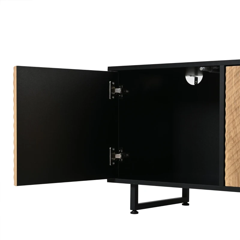 Modern 180cm TV Stand with Diagonal Fluted Doors, Industrial-Style Lowboard for up to 80-Inch TVs, 180L x 40W x 50H cm, Black+Wood