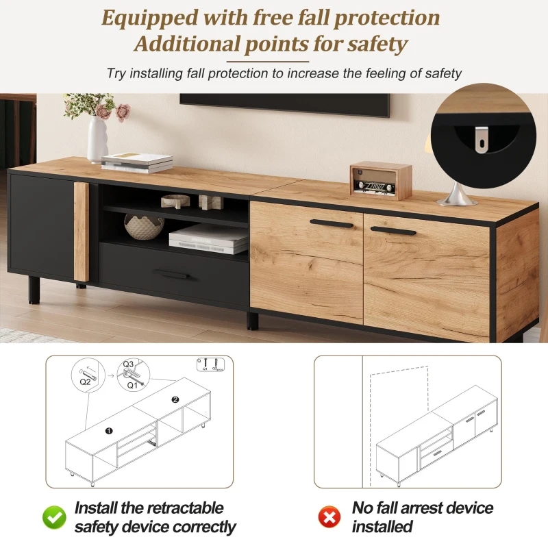 Modern 180cm TV Stand with Ample Concealed Storage, Low-Profile Entertainment Centre for TVs up to 80 Inches, 180L x 32.5W x 50H cm, Black+Wood