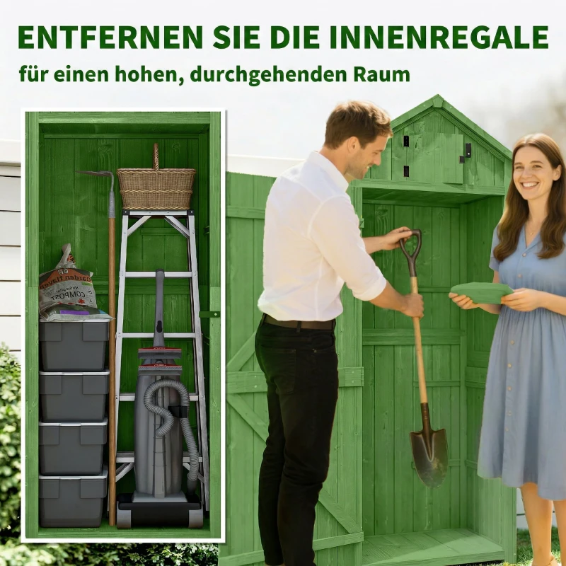 Outsunny Gartenschrank Holz Geräteschuppen mit 3 abnehmbar Ablage abschließbar Tür Asphalt-Satteldach Belüftung
