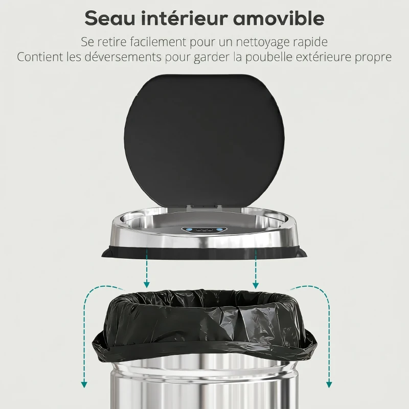 HOMCOM Poubelle à capteur de mouvement ouverture automatique 1 bac de 42 L en acier inoxydable noir et argent