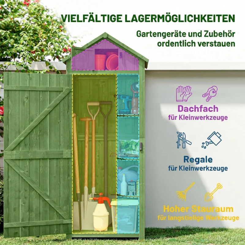 Outsunny Gartenschrank Holz Geräteschuppen mit 3 abnehmbar Ablage abschließbar Tür Asphalt-Satteldach Belüftung
