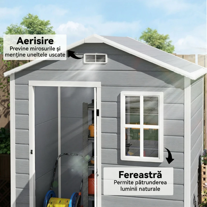 Outsunny Magazie de Grădină, Magazie din Plastic cu Podea, Fereastră, Ușă cu Blocare și Grile de Ventilație, Gri