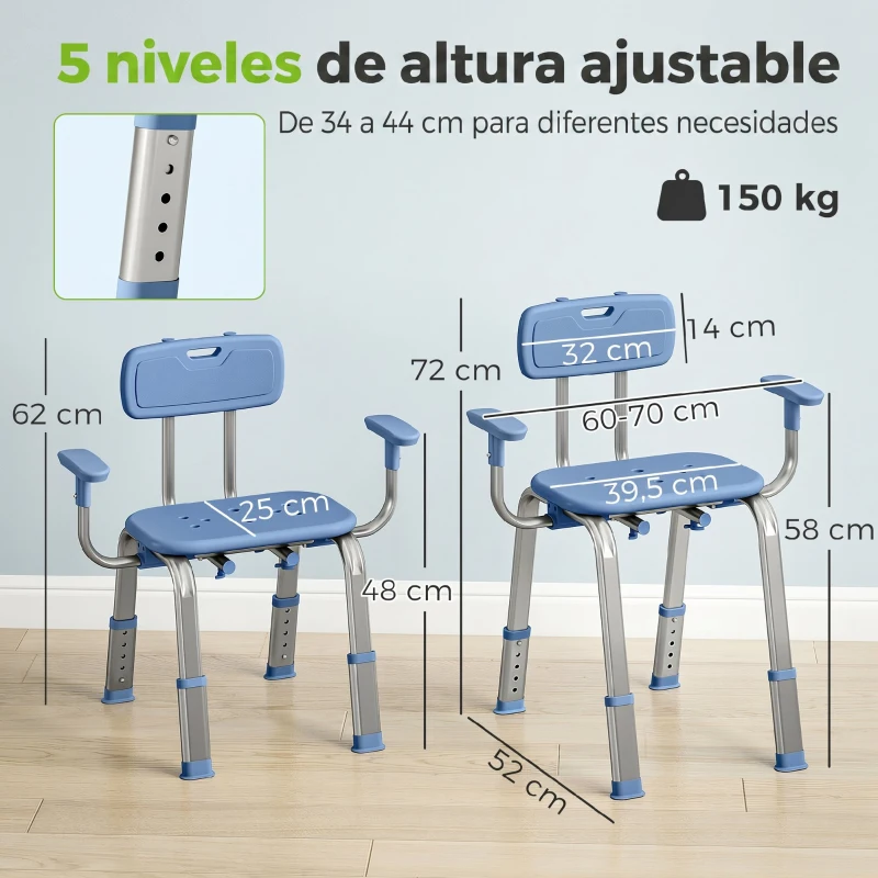 HOMCOM Silla Ducha Personas Mayores Antideslizante con Reposabrazos Ajustable Altura Ajustable Carga 150 kg Azul