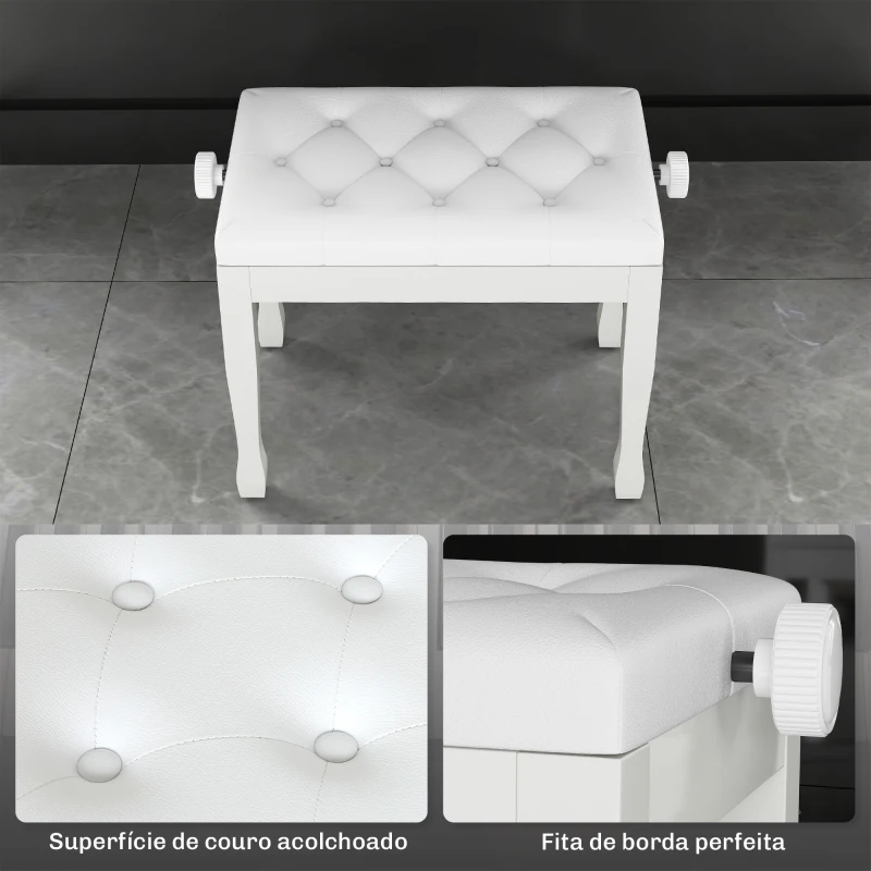 HOMCOM Banco de Piano Altura Ajustável Banco de Piano Assento em Couro Sintético Patas de Madeira 64x35x55 cm Branco
