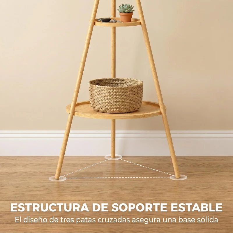 HOMCOM Perchero de Pie de Bambú Perchero para Ropa con 2 Estantes y 9 Ganchos Diseño Elegante 58,5x58,5x176 cm Natural