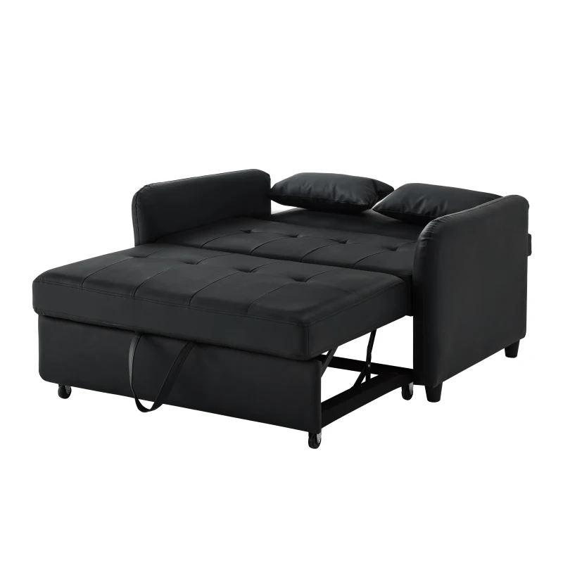 2-Seater Pull-Out Sofa Bed with 3-Level Adjustable Backrest, Space-Saving Convertible Bed with Metal Structure, 121L x 83W x 82H cm, Black