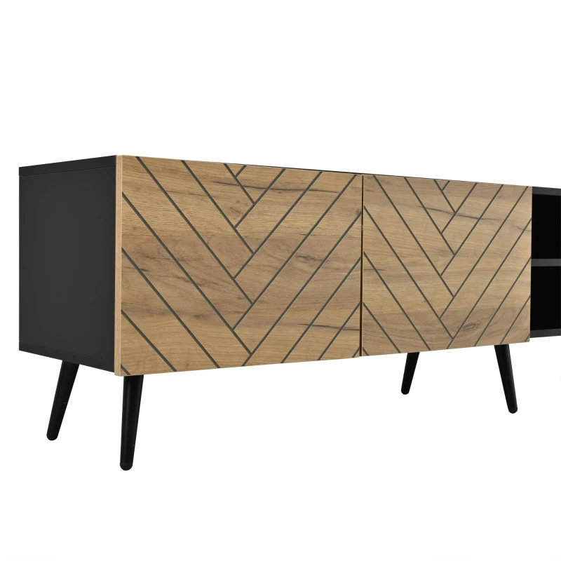 Modern Geometric TV Cabinet with Herringbone Fronts, Industrial-Style TV Stand with Solid Wood Legs, 180L x 33.5W x 45H cm, Black+Oak