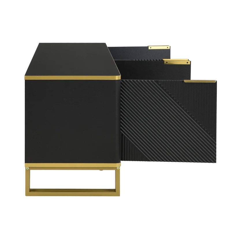 Modern TV Cabinet with 4 Geometric Embossed Doors and Open Top Shelf, Spacious TV Stand with Hidden Storage, 160L x 37.5W x 48H cm, Black
