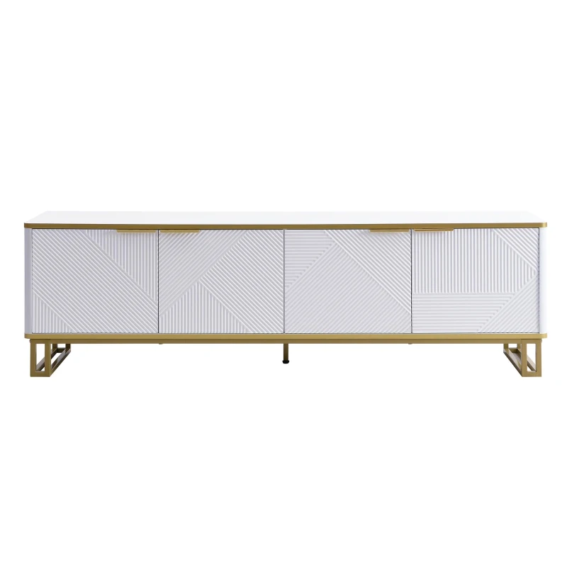 Modern TV Cabinet with 4 Geometric Embossed Doors and Open Top Shelf, Spacious TV Stand with Hidden Storage, 160L x 37.5W x 48H cm, White