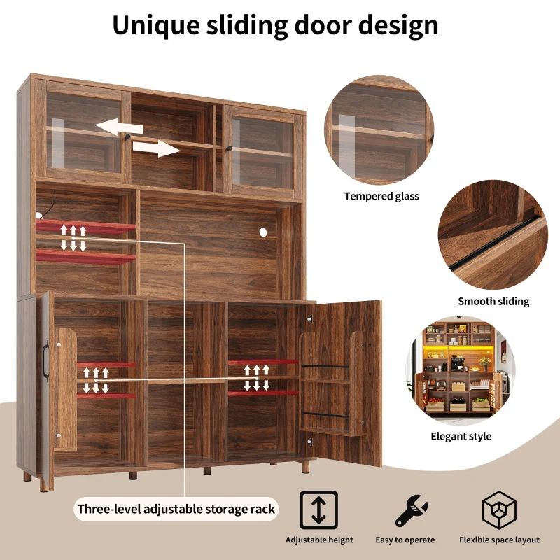 Tall Cabinet with Silent Sliding Toughened Glass Doors, Dining Room Sideboard with Metal Construction, 140L x 40W x 185H cm, Walnut Brown