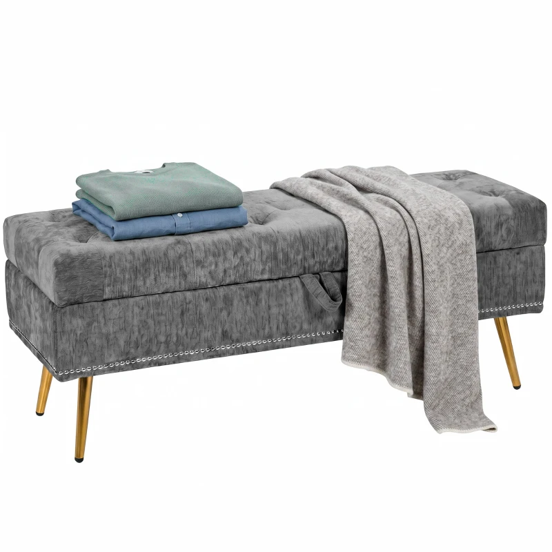 HOMCOM Storage Ottoman, Chenille Upholstered Ottoman Storage Box with Padded Seat, Metal Legs, 114 x 41 x 45 cm, Grey