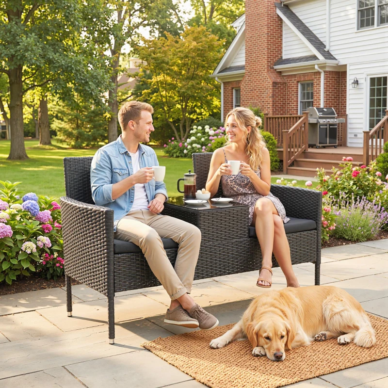 Outsunny Divanetto per Esterni 2 Posti con Tavolino da Caffè, in Acciaio e Rattan PE, 137x59x82 cm, Nero