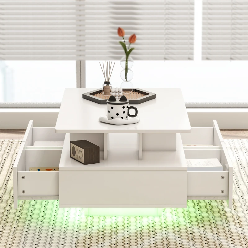 HOMCOM Mesa de Centro LED Moderna con 4 Cajones Estante Abierto y Luces LED de 16 Colores para Salón 90x55x41 cm Blanco Brillo