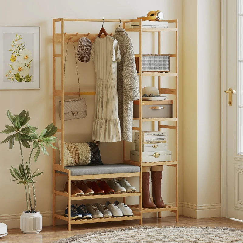 HOMCOM Meuble d'entrée en bambou, vestiaire d'entrée, banc, assise rembourrée, 10 crochets, tringle, 104x33x175cm, naturel
