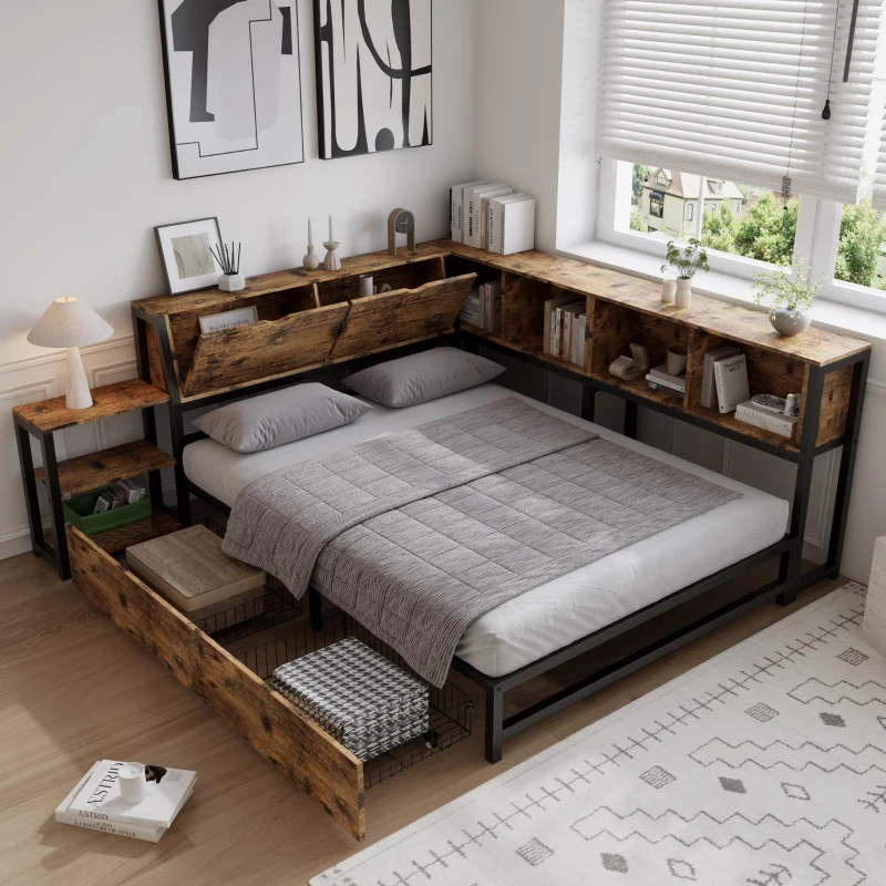 Classic Double Bed with Two Underbed Drawers, Sturdy Storage Bed with Built‑In Bedside Storage, 200L x 136.5W x 85H cm, Rustic Brown