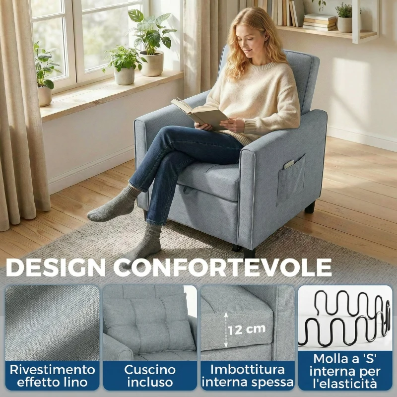 HOMCOM Poltrona Letto Pieghevole Convertibile con Schienale Regolabile e Cuscino, Grigio