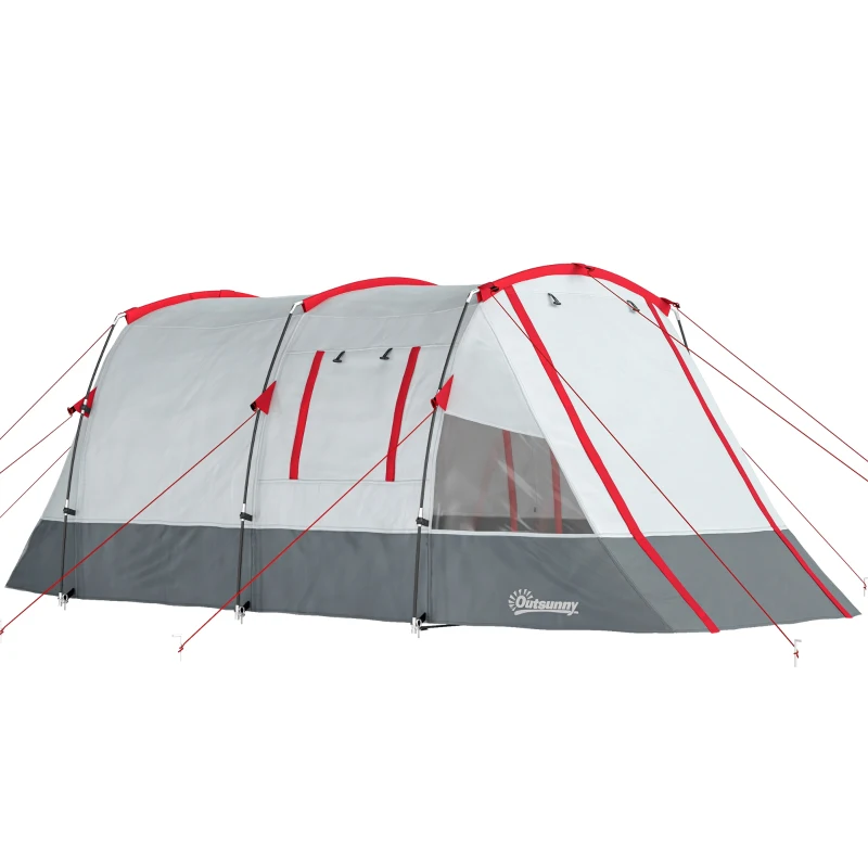 Outsunny Tente de camping familiale 3 personnes, tente tunnel imperméable, portes + fenêtres, 5,1 x 2,4 x 1,8 cm, gris clair