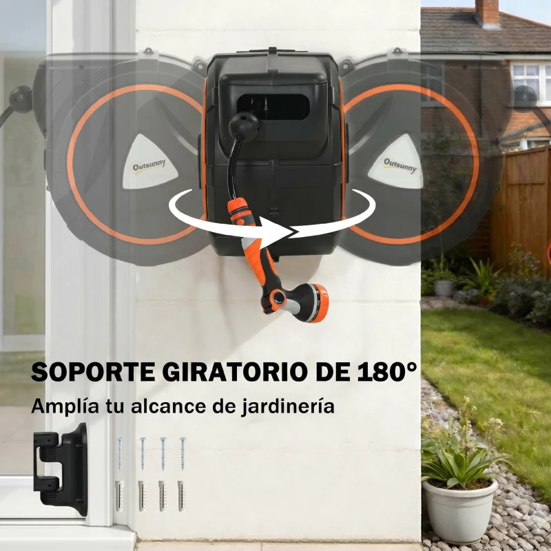 Outsunny Carrete de Manguera Retráctil 23+2 m con 12 Modos de Rociado Bloqueo Automático Retracción Controlada Soporte Naranja