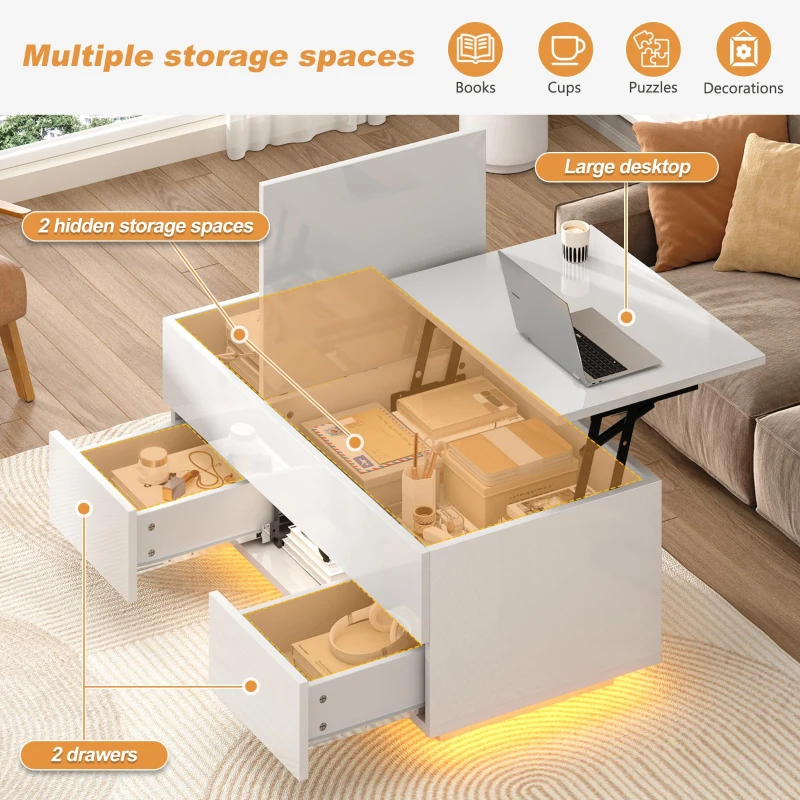 Lift-Top Coffee Table with App-Controlled RGB LED Lights, High-Gloss Center Table with Hidden Compartment, 100L x 45W x 43H cm, White