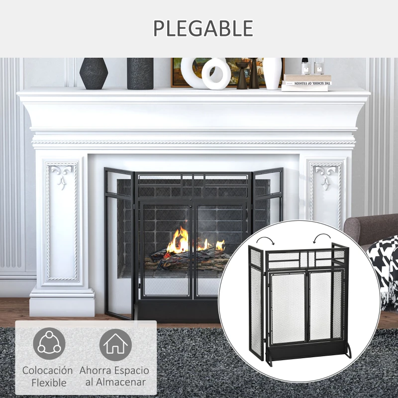 HOMCOM Salvachispas Plegable Pantalla Protectora de Chimenea de 3 Paneles con Doble Puerta y Pies 120x11,5x79 cm Negro